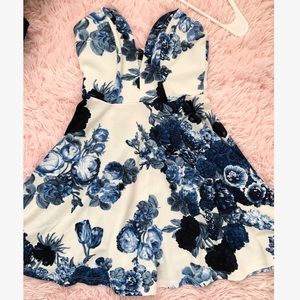 Lulu’s Blue Floral Water Ink Strapless Dress
